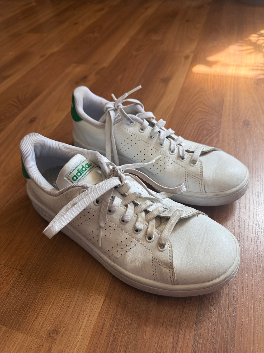 adidas White Sneakers with Green Heel Accent. Cloudfoam comfort